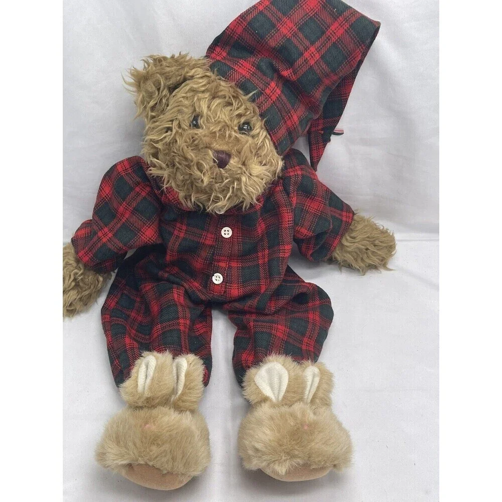 Vintage Teddy Bear in Plaid PJ bunny slippers sleeping cap red Stuffed Animal